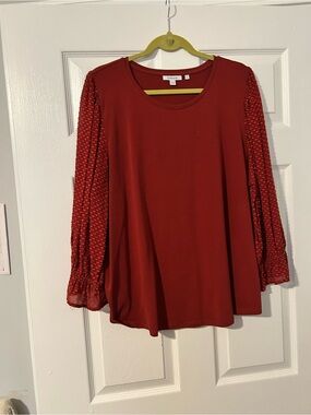 Chico's Brick Red Scoop Neck Top with Textured Balloon Sleeves